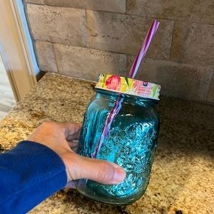 Pioneer Woman Mason Jar Drinking Glass Screw on Lid Straw
